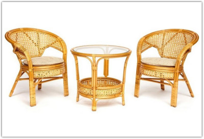 Террасный комплект "PELANGI" (стол со стеклом + 2 кресла) Honey (мед)